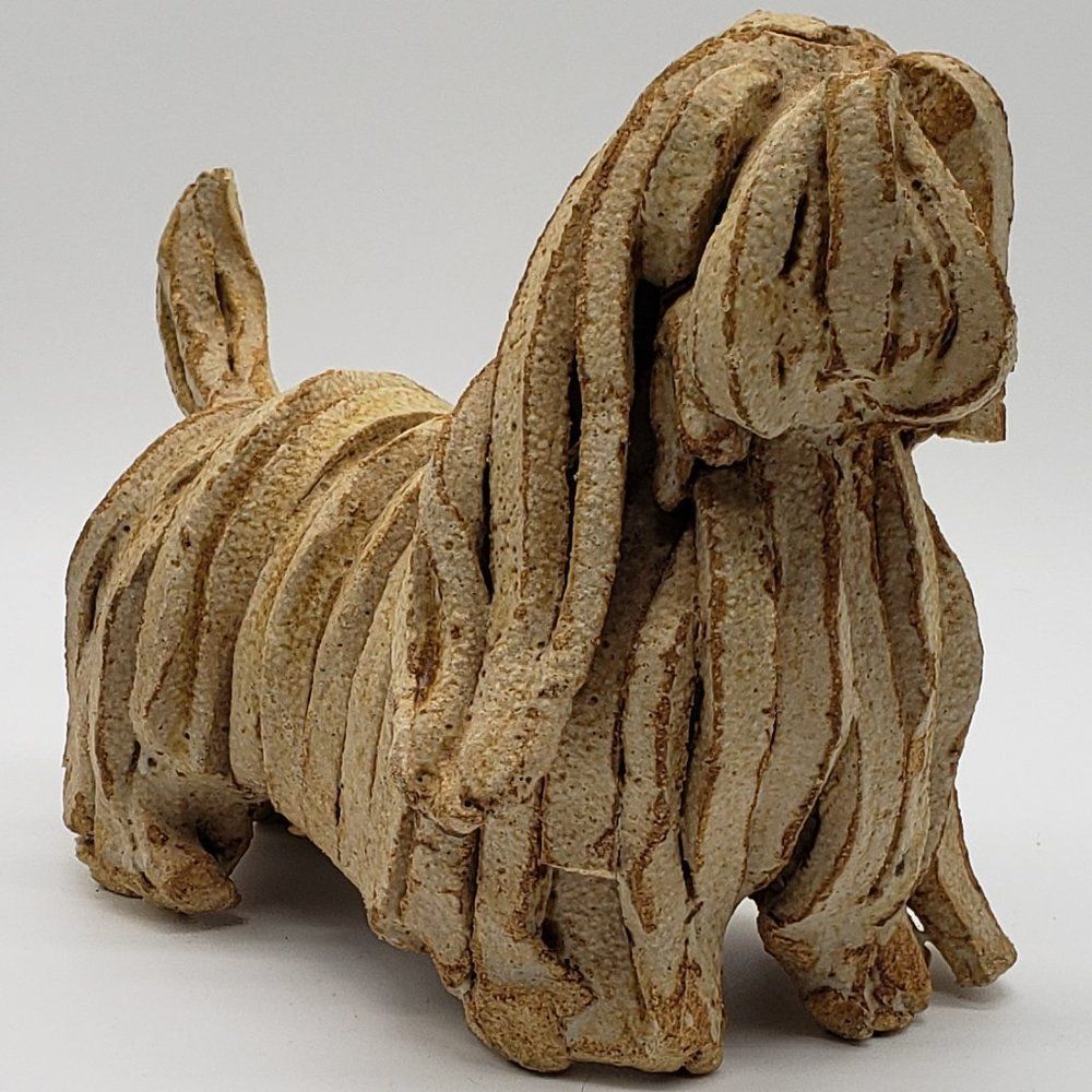 Almazetta Casey Signed Vtg Beige Westie Terrier Snoodle Dog Clay Sculpture AS IS